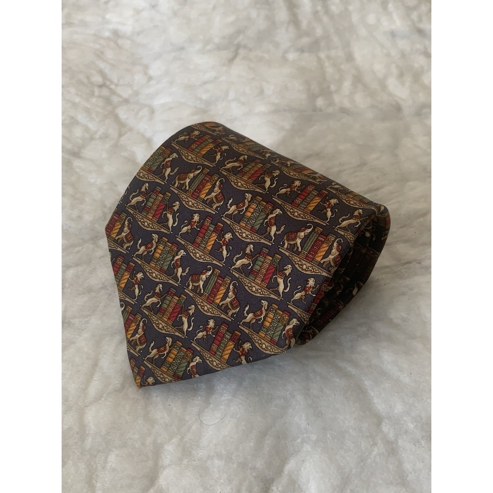 SALVATORE FERRAGAMO Mens 100% Silk Horse Books Tie Blue